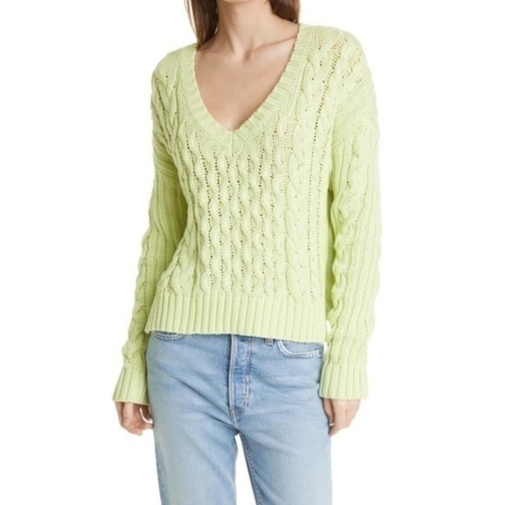 LINE Leah Citron Green V-Neck Cable Knit Pullover Sweater Size Medium NWT